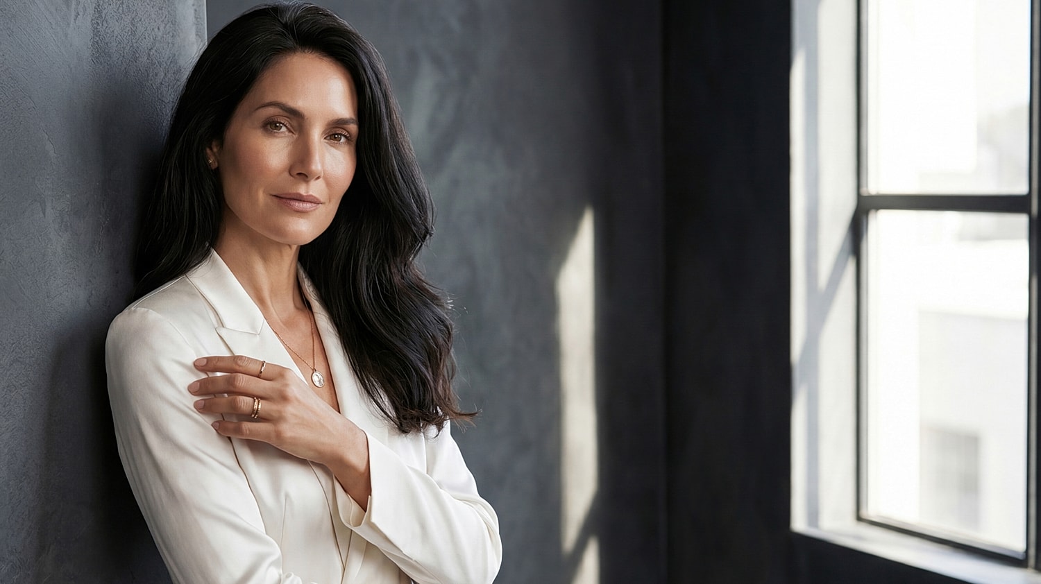 Woman in white blazer posing by window.
