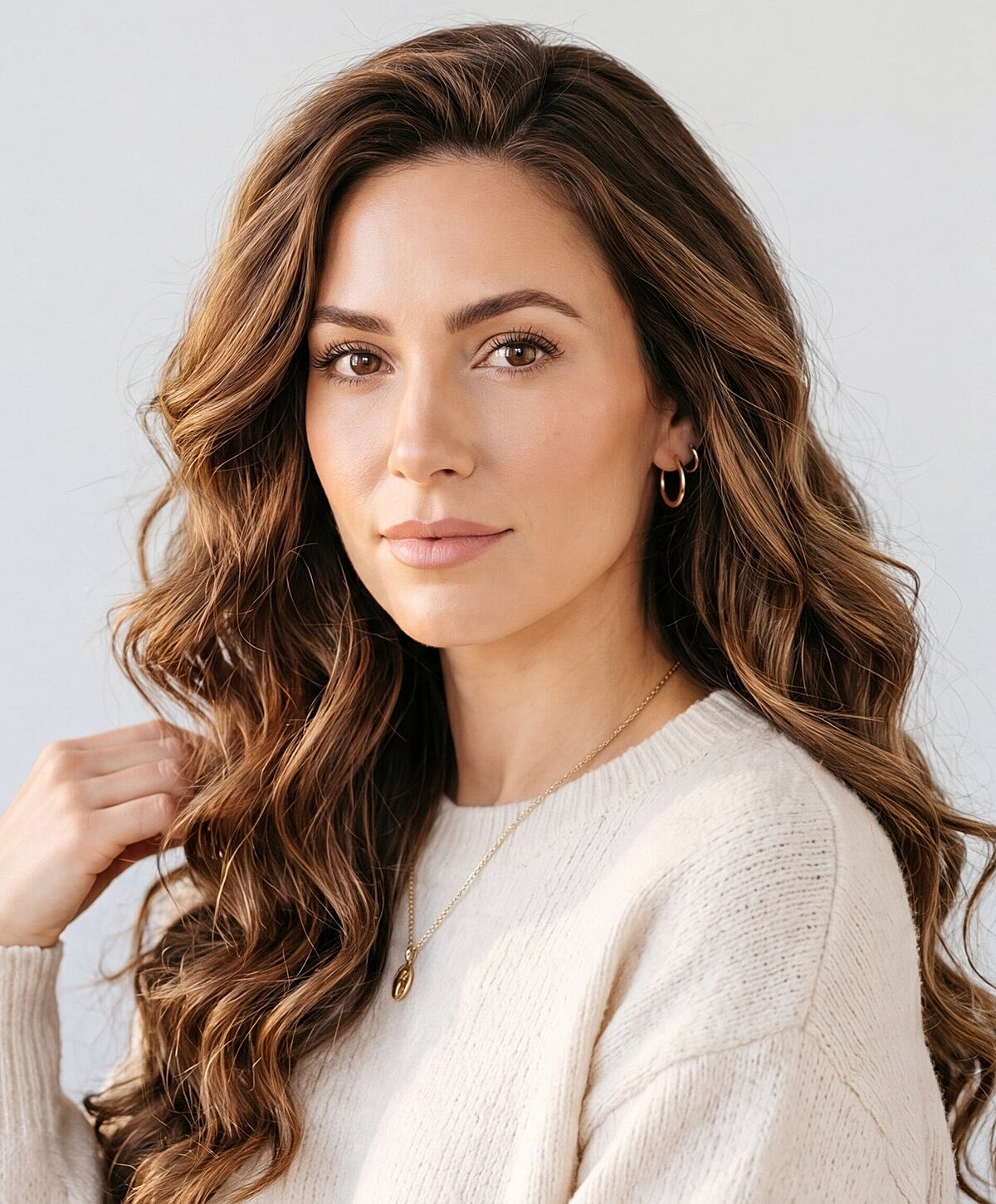Woman with wavy hair in light sweater.