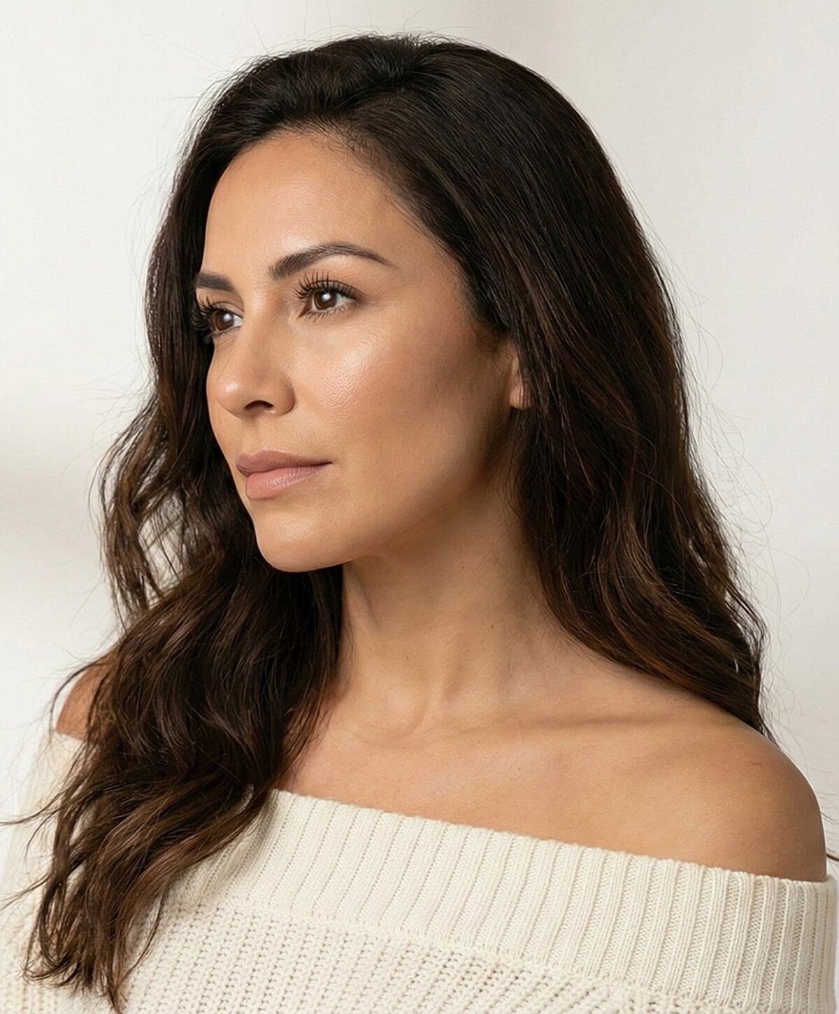 Profile shot of a woman in a sweater.