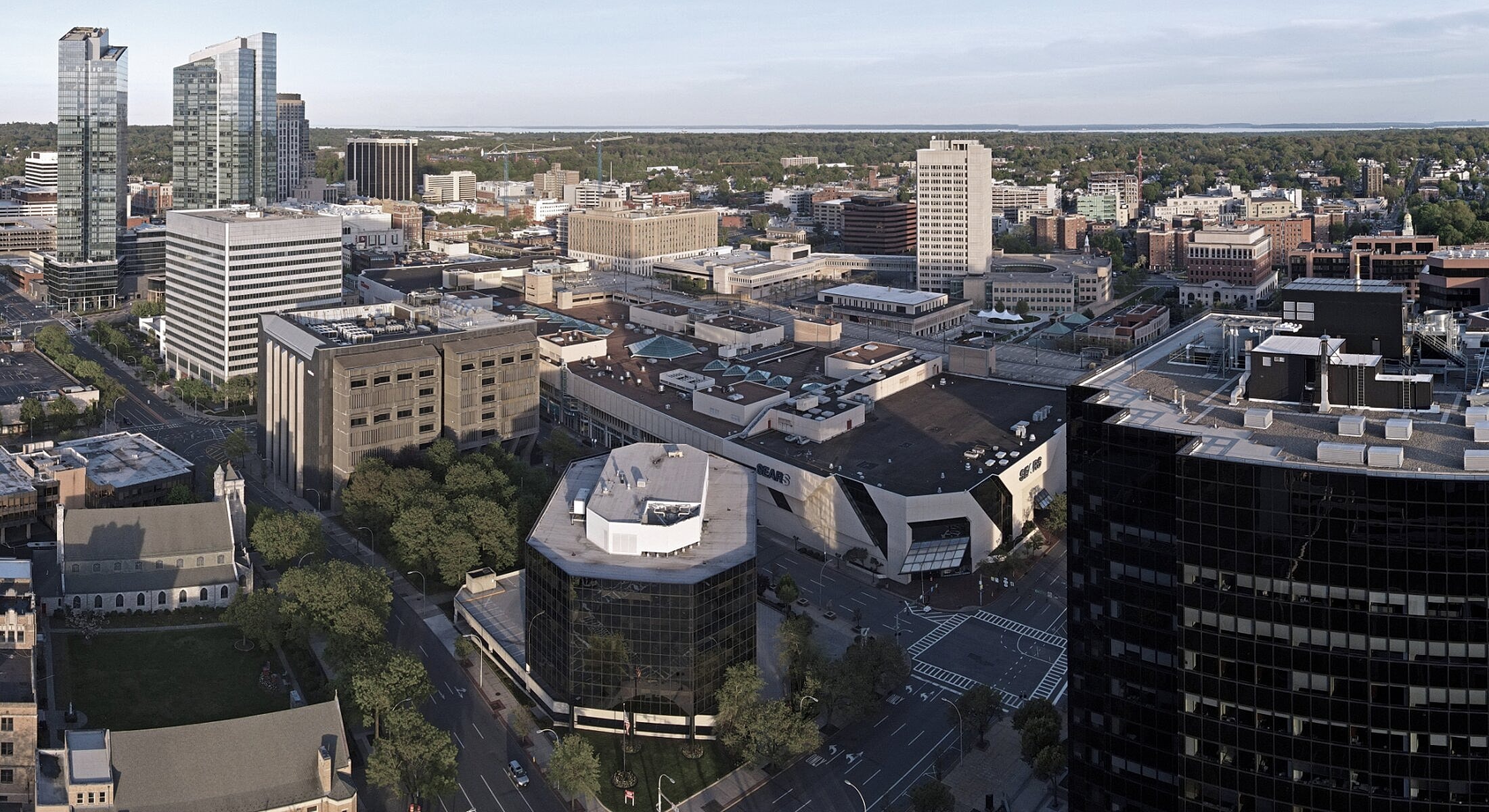 Aerial view of a vibrant urban cityscape.